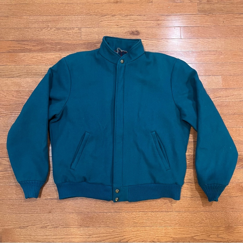 Vintage Woolrich Wool Varsity Bomber Jacket 
Plaid Lined Men’s Large Green USA